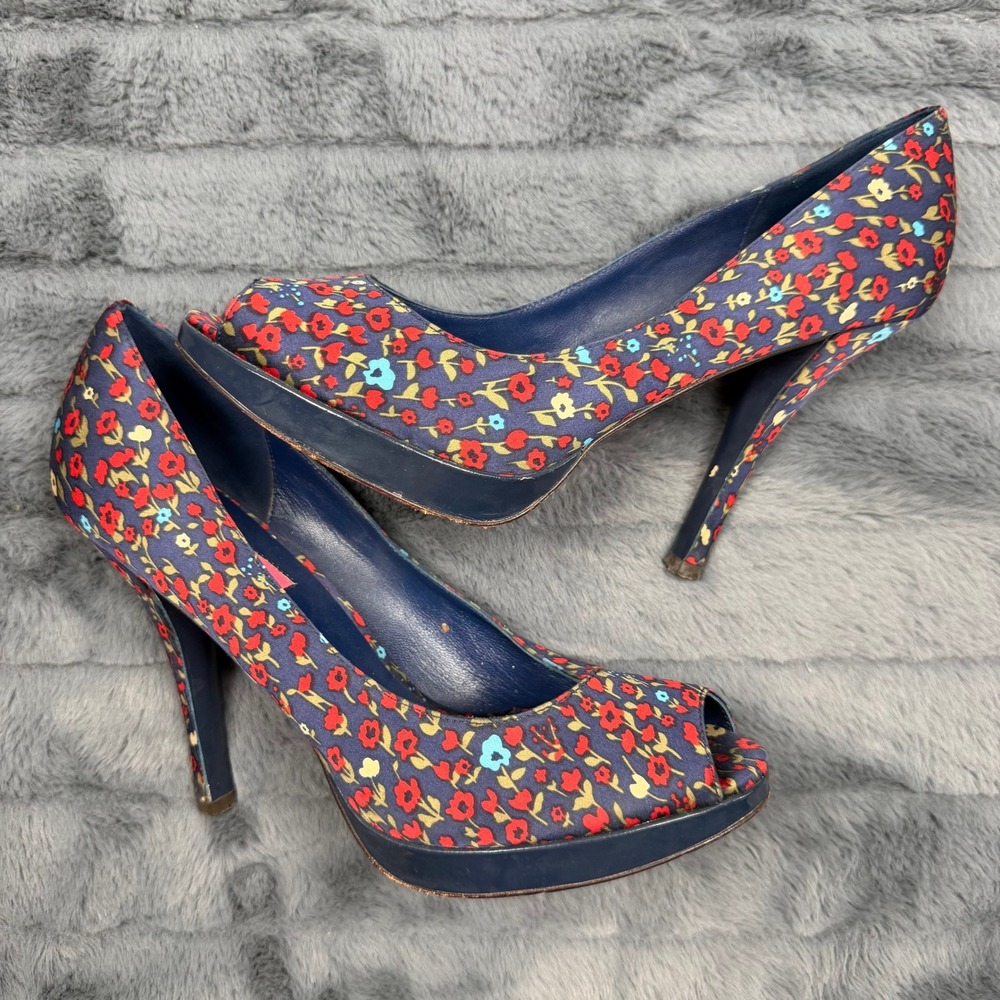 Betsey Johnson Floral Peep Toe Platform Pumps Navy Blue Red Satin Heels 8.5M